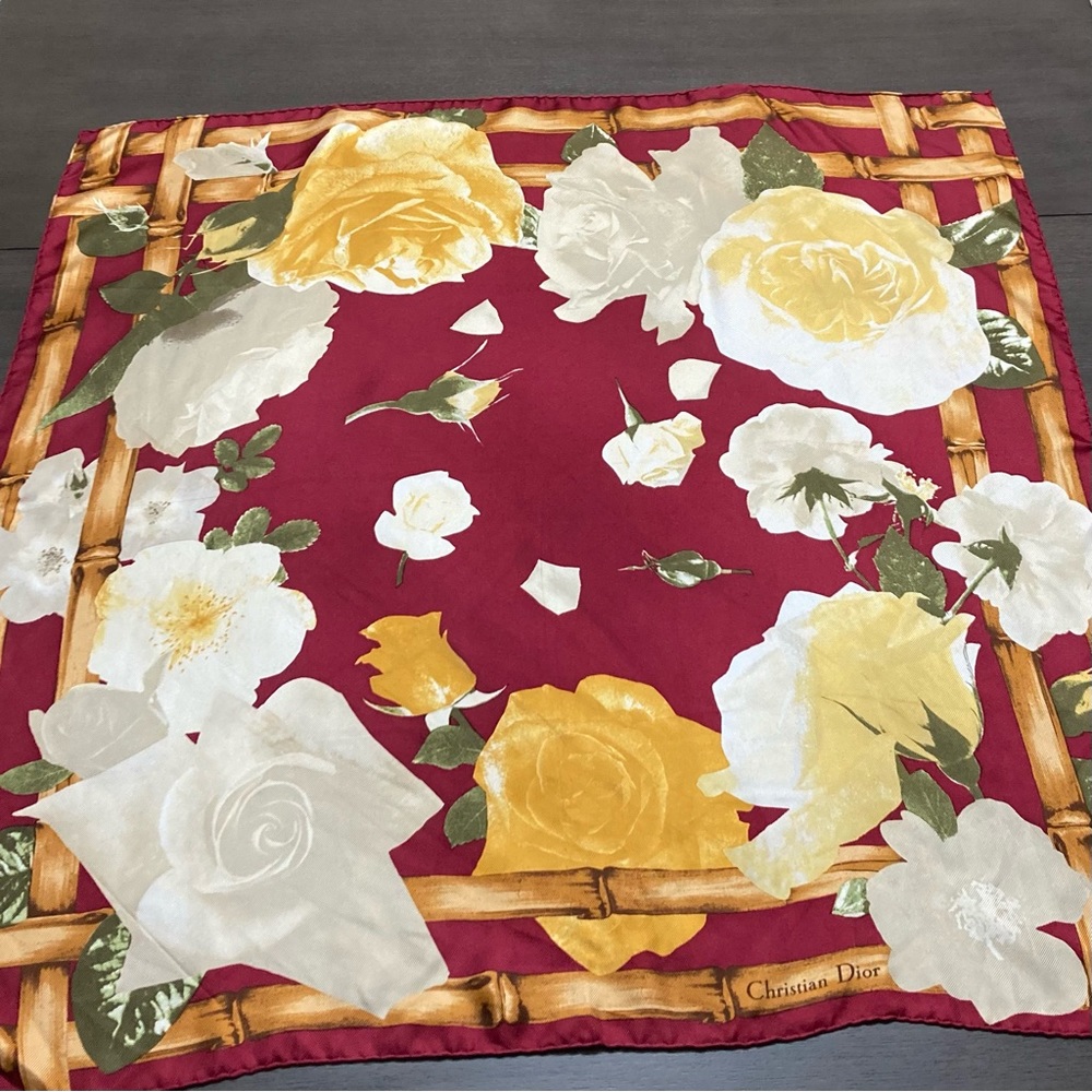 Vintage Dior Burgundy + Flower Pattern Silk Scarf - Picture 6 of 6